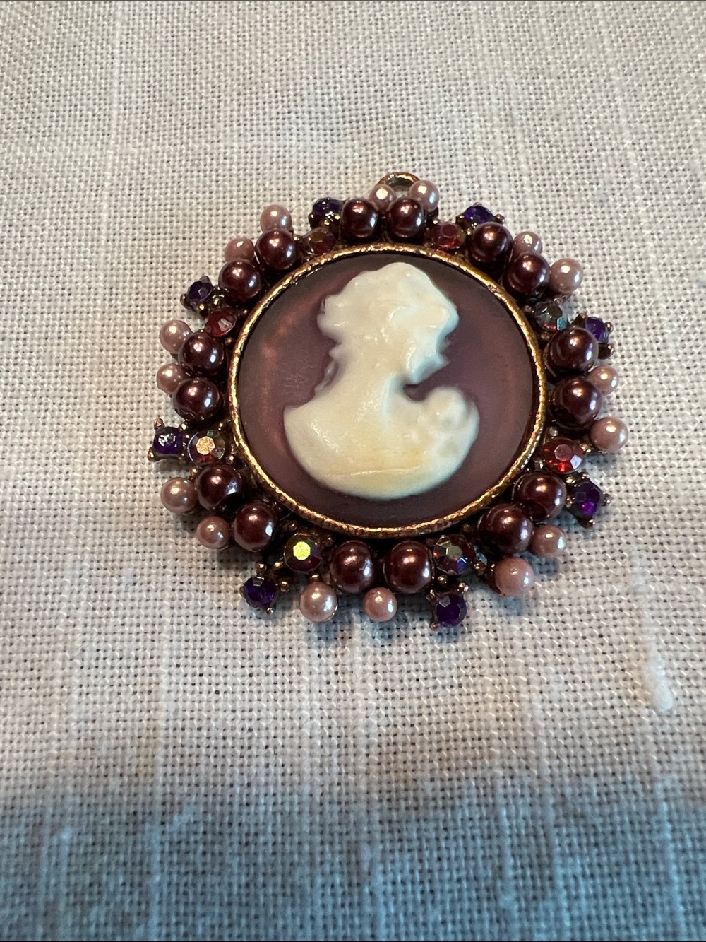 Vintage Style Purple Cameo Pendant with Pearl and Crystal Halo